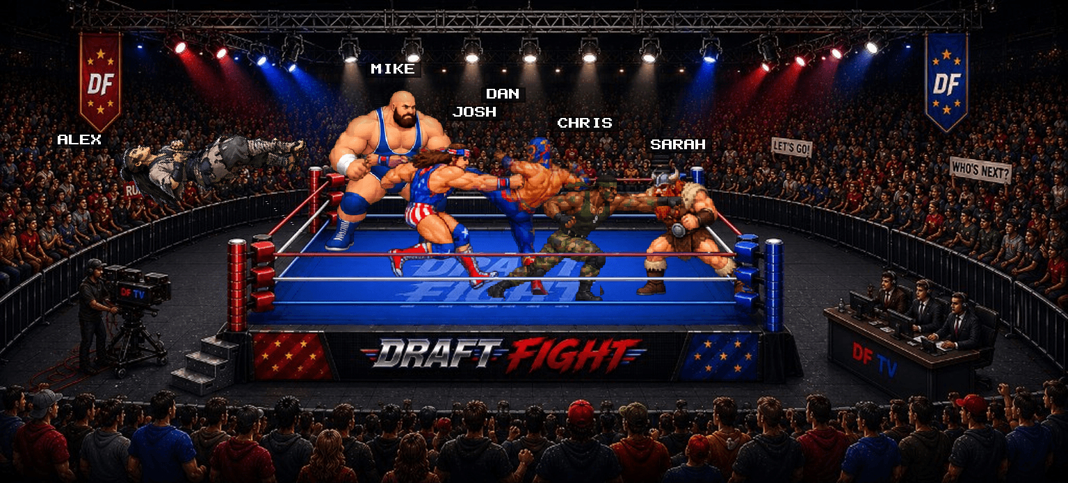 Draft Fight in the ring: wrestlers battle as one is thrown over the ropes.