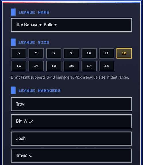 Create Your Draft Fight setup with a league name, a league size, and manager name fields.